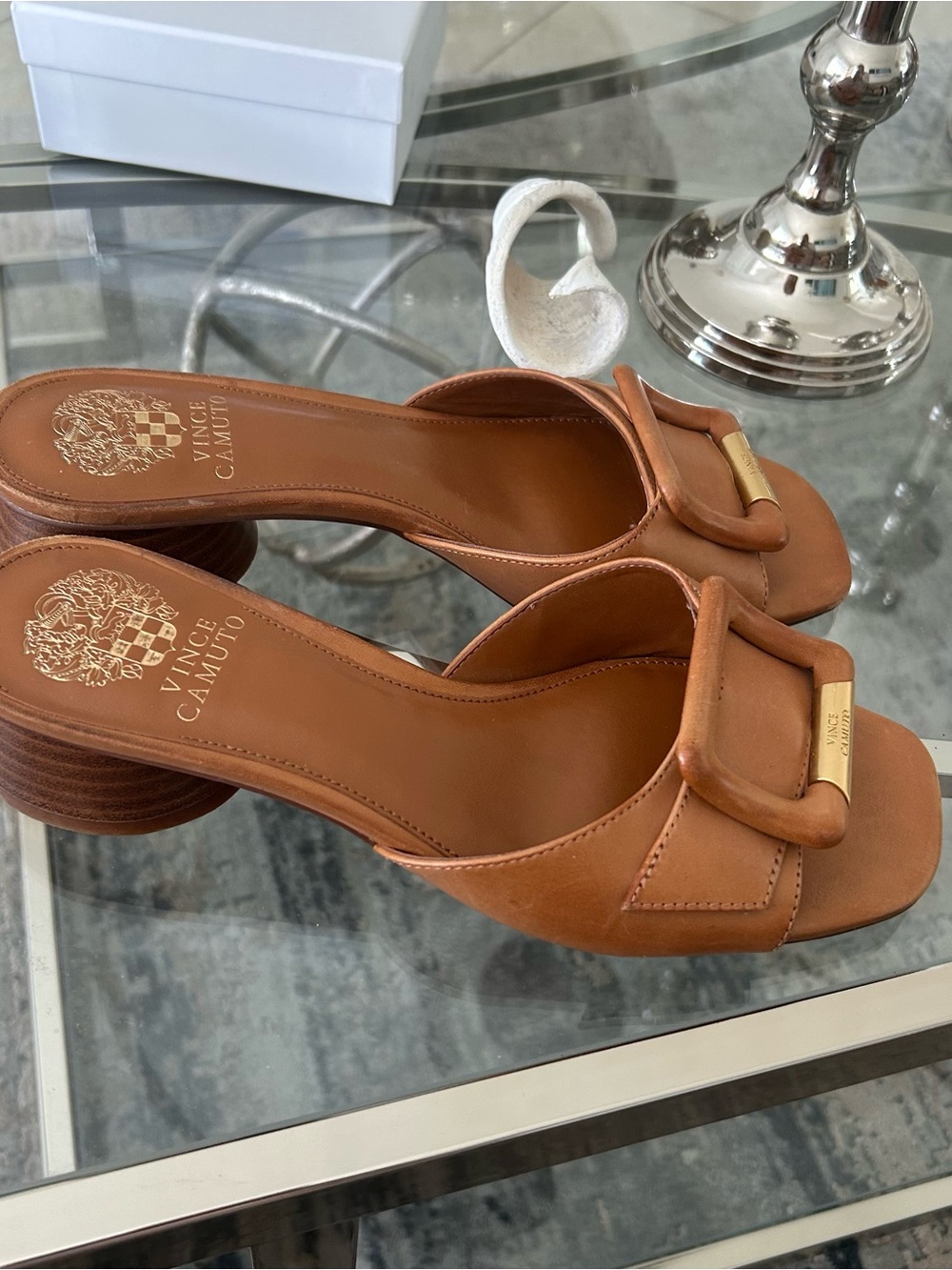 Vince Camuto Cognac Leather Slide Mules with Gold Accent